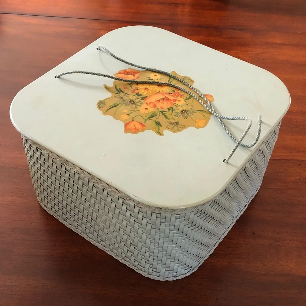 Vintage Wicker Sewing Basket with Wooden Lid